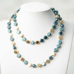 Vintage Teal Blue Gold Tone Beaded Long Necklace Single Strand Art Deco Style